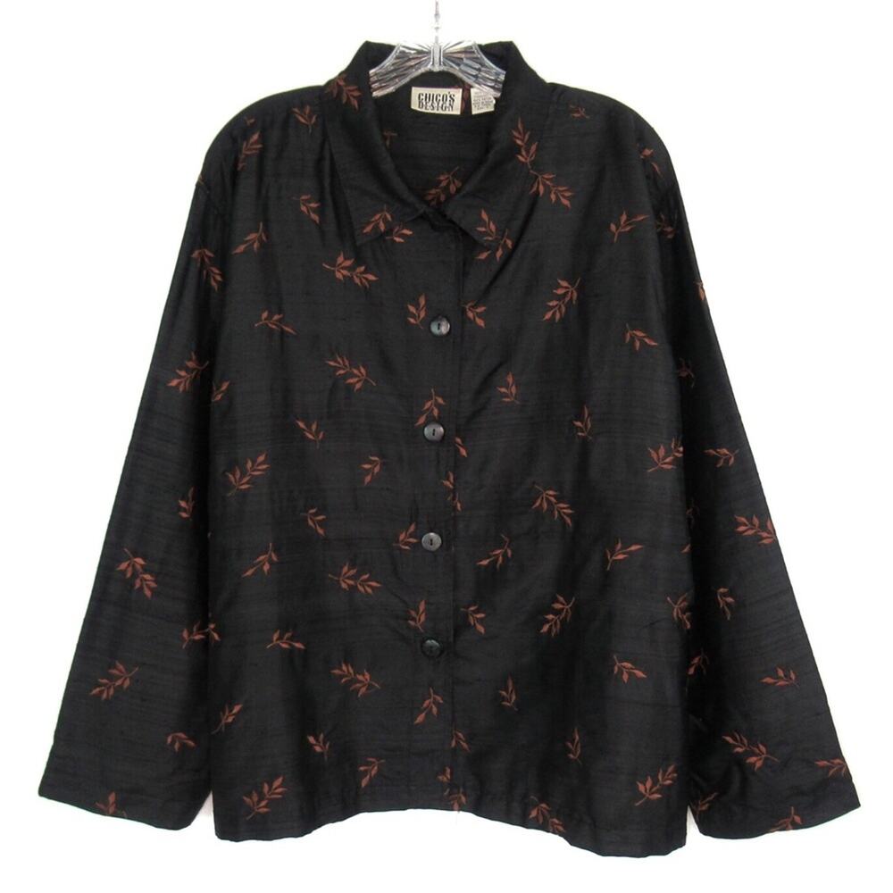 CHICO’S DESIGN Vintage Silk Embroidered Button Down Shirt Women’s Size XL